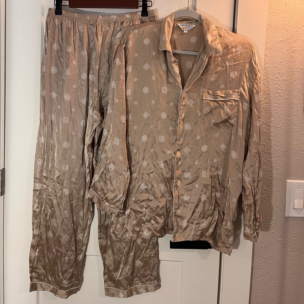 Silk Beige Button-Up Pajama Set with White Motif